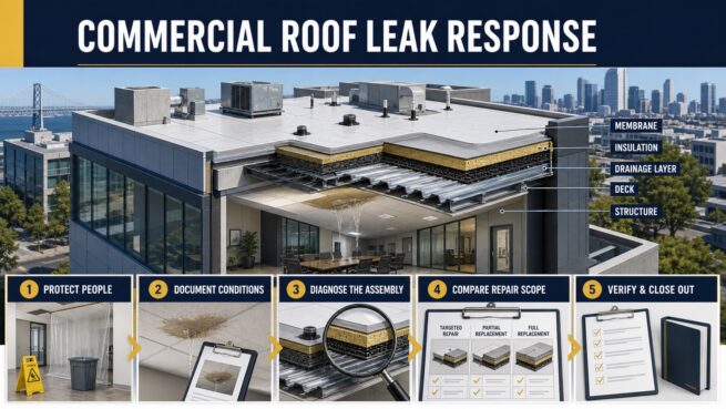 Five-step commercial roof leak response framework: protect people, document conditions, diagnose the roof assembly, compare repair scope, and verify closeout