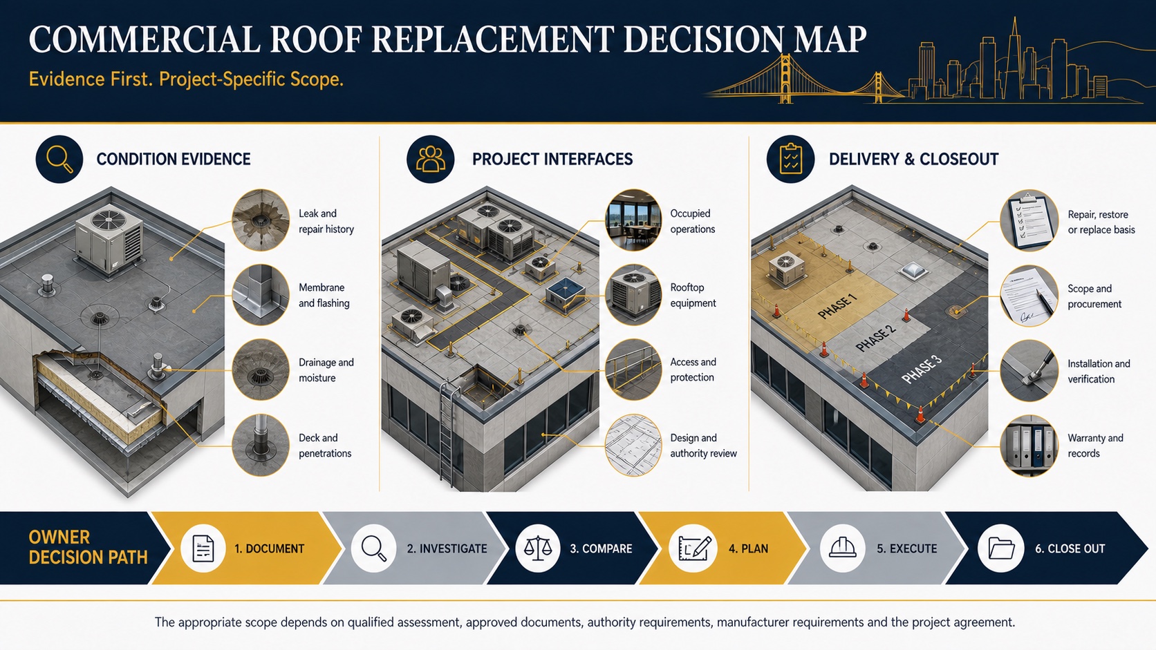 Commercial roof replacement decision map covering condition evidence, project interfaces, delivery and closeout