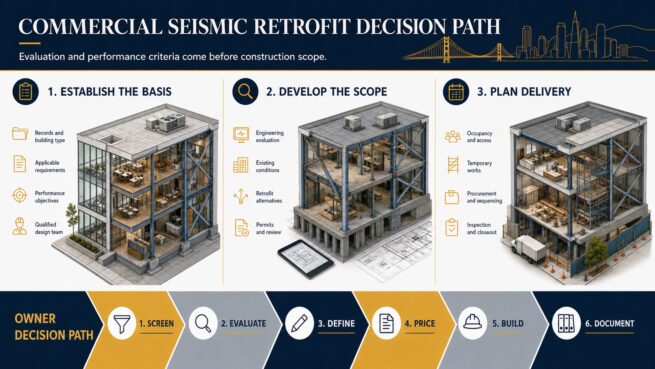 Commercial seismic retrofit decision path from evaluation and performance objectives through delivery and closeout