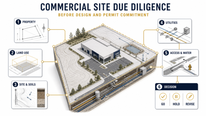 Six-part commercial site due diligence framework covering property, land use, site and soils, utilities, access and water, and the final decision