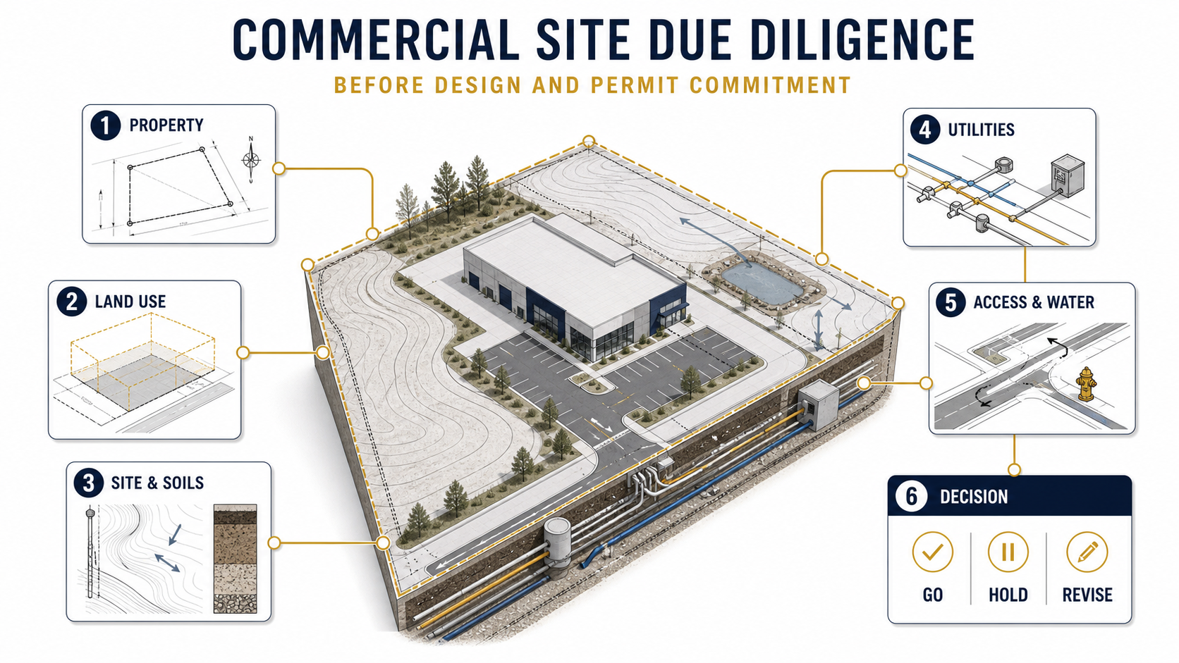 Commercial Site Development Due Diligence Framework Six-part commercial site due diligence framework covering property, land use, site and soils, utilities, access and water, and the final decision