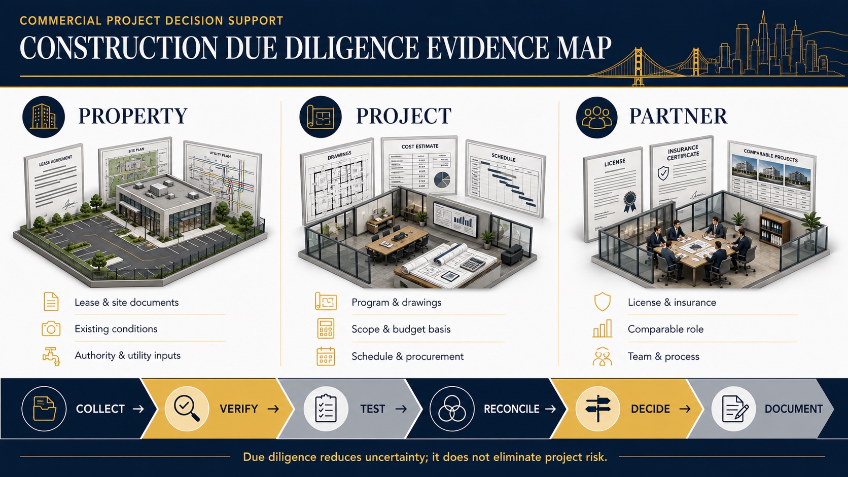 Construction due diligence evidence map for property, project and partner review