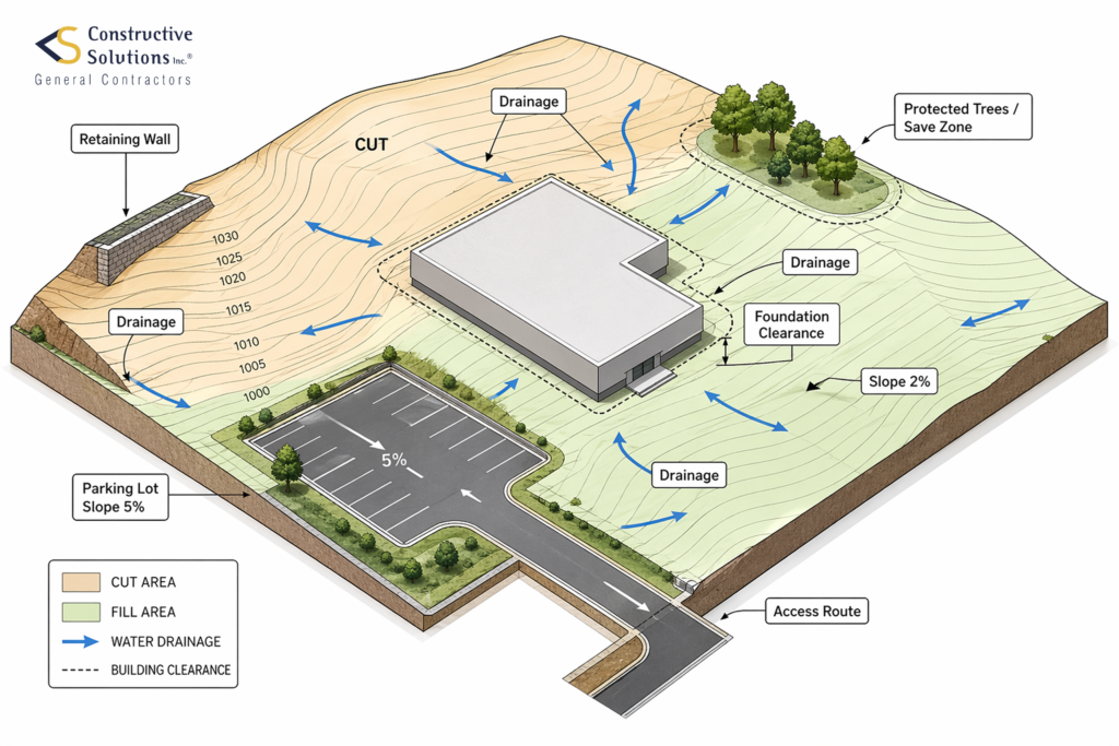 An isometric map showing construction grading strategy