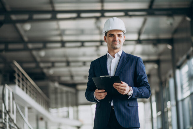 A construction project manager in hard hat in a building