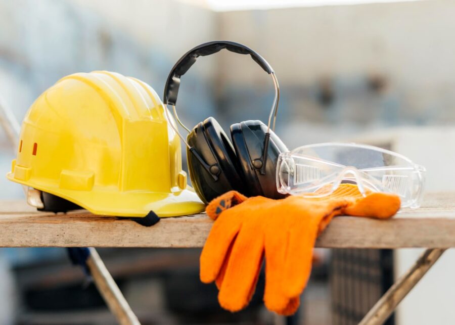 construction hard hat, headphones and gloves