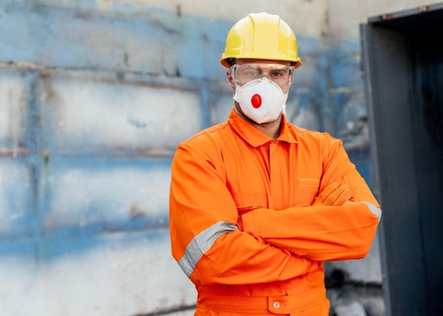 commercial contractor wearing an orange safety suit and hardhat