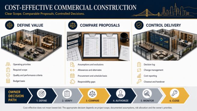 Cost-effective commercial construction map covering value definition, proposal comparison and delivery controls
