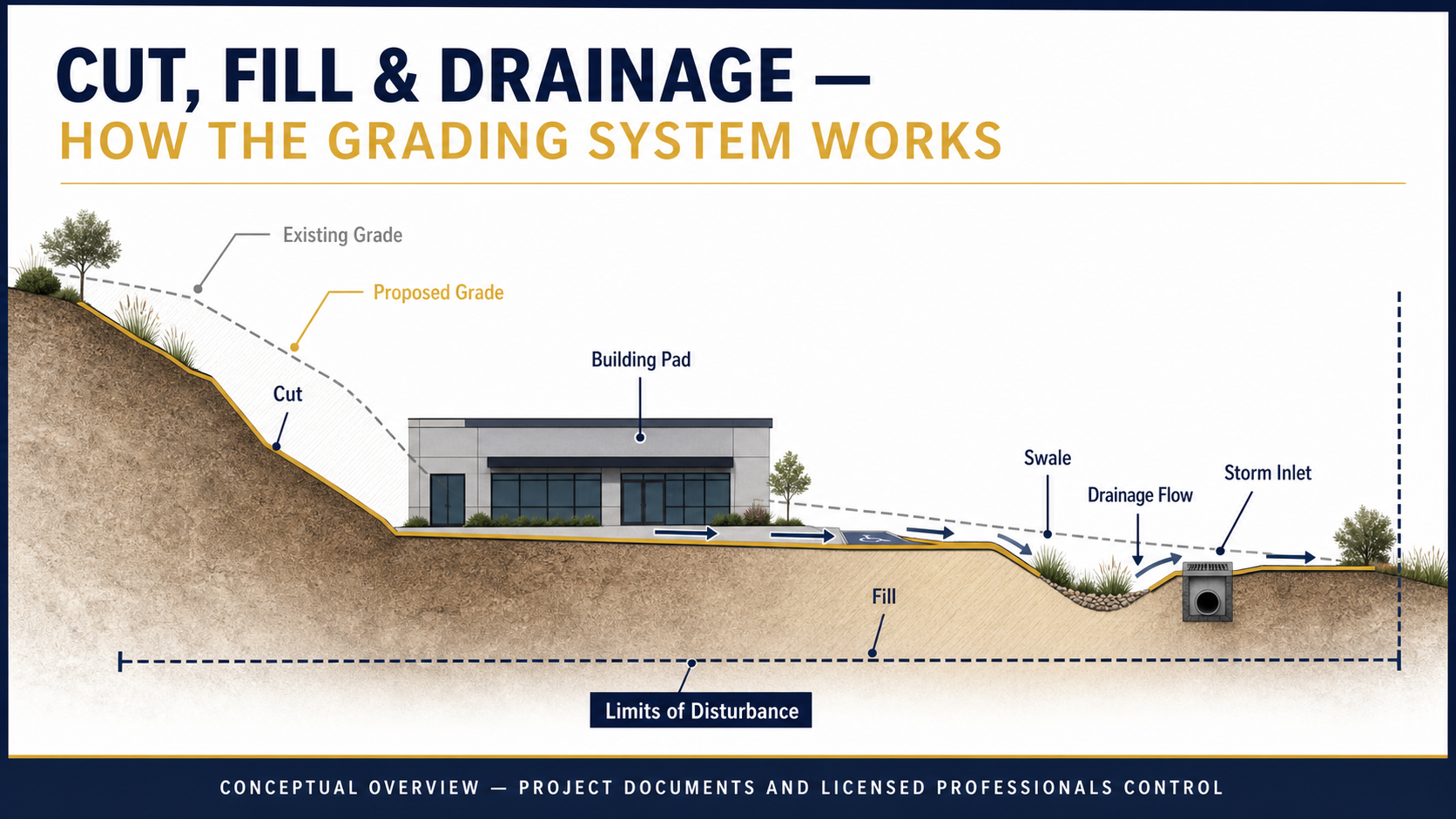 Conceptual cross section showing existing and proposed grade, cut, fill, a commercial building pad, swale, drainage flow, storm inlet, and limits of disturbance
