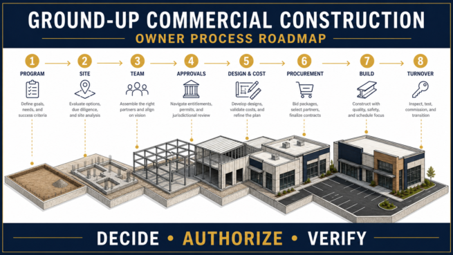 Ground-Up Commercial Construction: Owner Process Roadmap Eight-step ground-up commercial construction roadmap from program and site review through approvals, construction and turnover