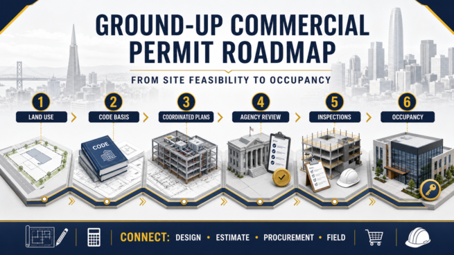 Ground-Up Commercial Permit Roadmap Ground-up commercial permit roadmap from land use and code basis through coordinated plans, agency review, inspections and occupancy