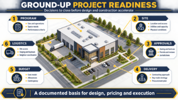 Ground-up commercial construction readiness framework covering program, site, approvals, delivery, budget and logistics