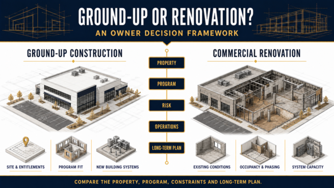 Owner framework comparing ground-up commercial construction and renovation