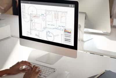 Architectural blueprint layout on a monitor. 
