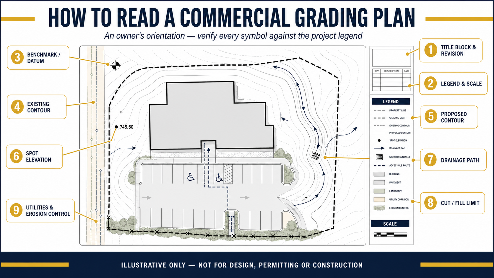 Illustrated commercial grading plan with nine labeled items including title block, legend, benchmark, contours, spot elevation, drainage path, cut and fill limit, utilities, and erosion control