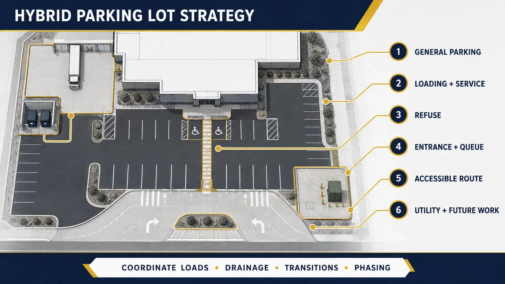 Top-down commercial parking lot diagram identifying general parking, loading, refuse, entrance, accessible route, and future utility work as separate design zones