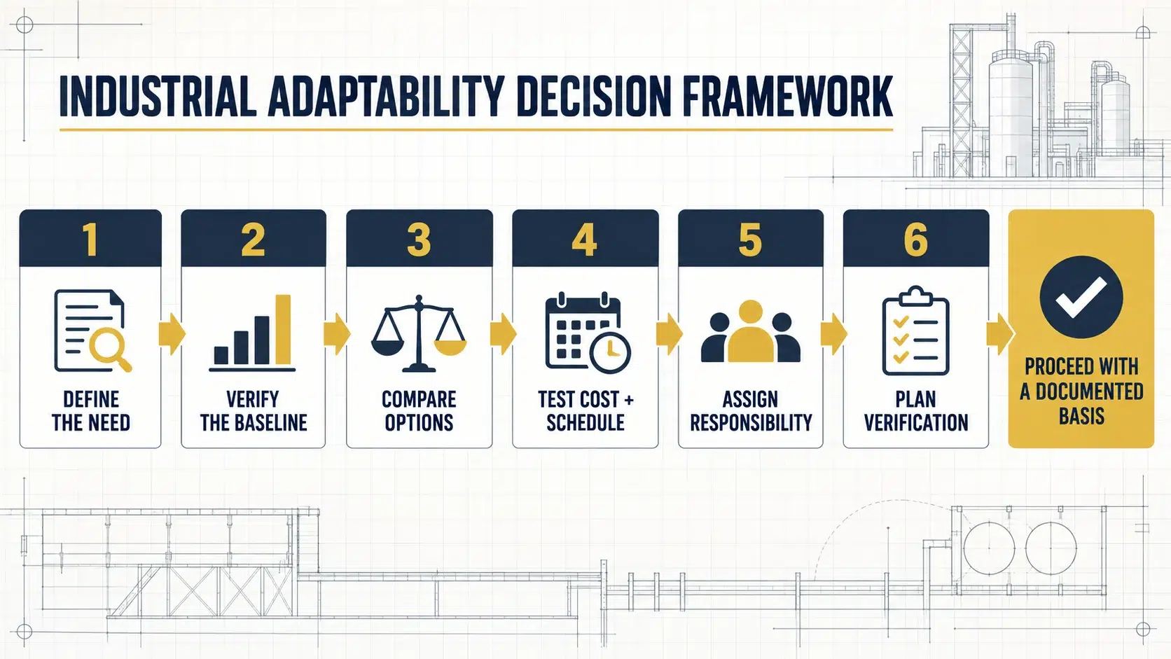 Six-stage industrial adaptability decision framework from defining the need through verification