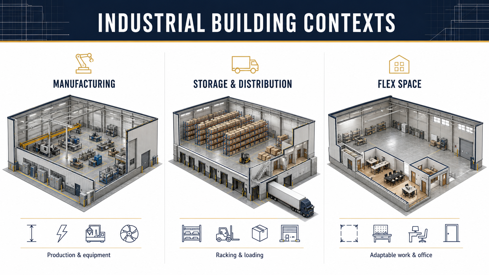 Isometric comparison of manufacturing, storage and distribution, and flex-space industrial buildings