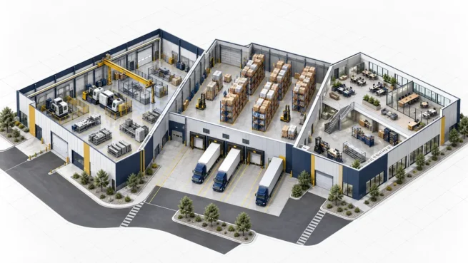 Conceptual industrial facility combining manufacturing, warehouse and flex-space operations