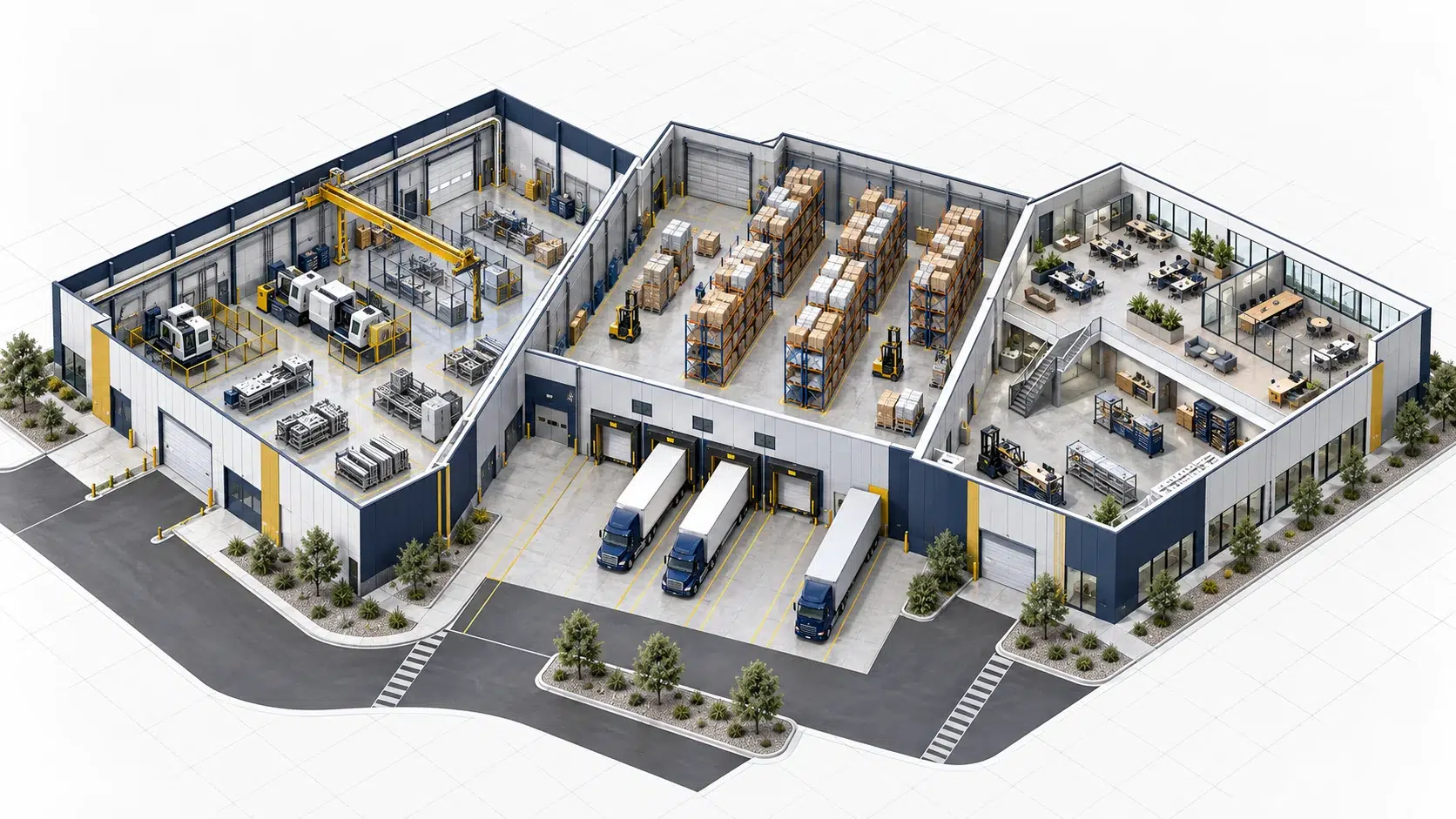 Industrial Building Types — Manufacturing, Distribution and Flex Conceptual industrial facility combining manufacturing, warehouse and flex-space operations