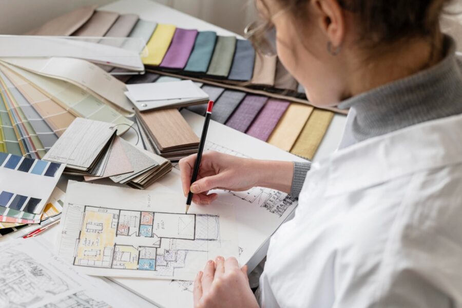 interior construction architect working on a blueprint