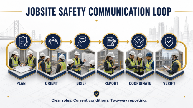 Six-stage jobsite safety communication loop: plan, orient, brief, report, coordinate and verify