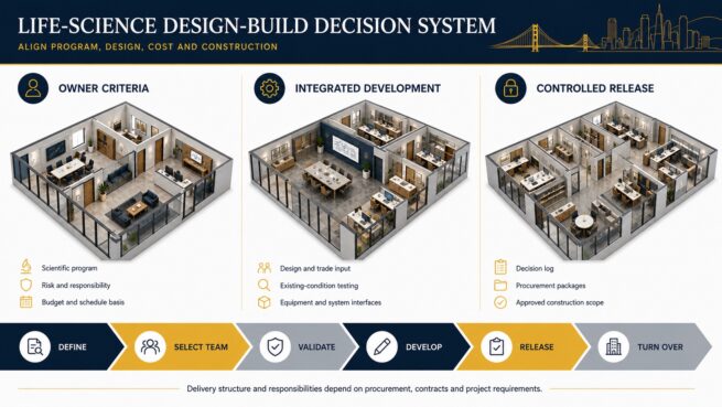 Life-science design-build decision system for owner criteria, integrated development and scope release