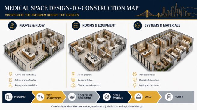 Medical space design-to-construction map for flow, equipment and building systems