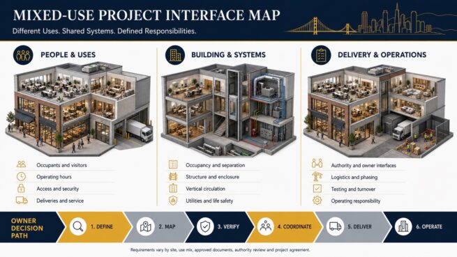 Mixed-use project interface map covering people and uses, building systems, delivery and operations