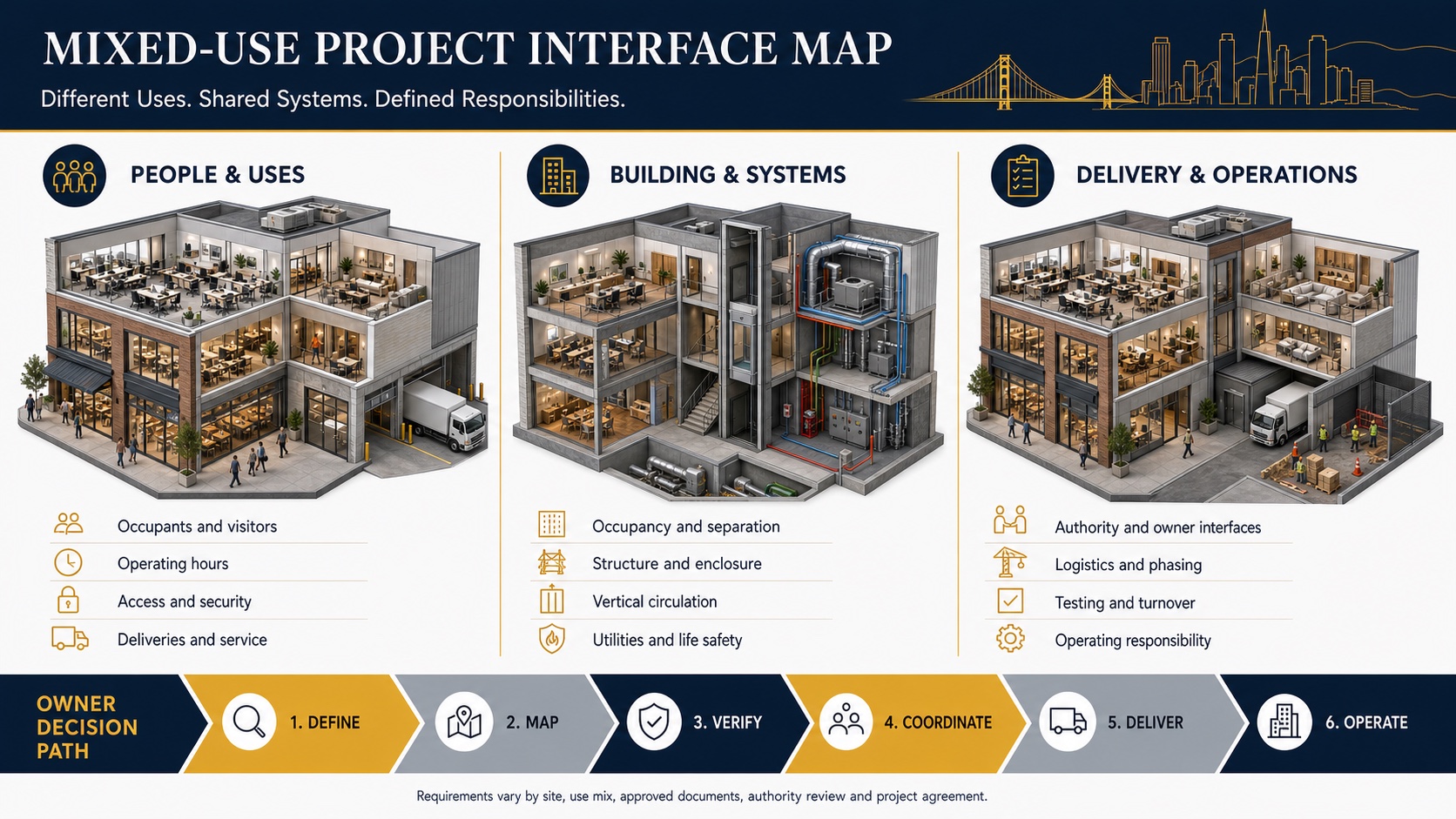 Mixed-use project interface map covering people and uses, building systems, delivery and operations