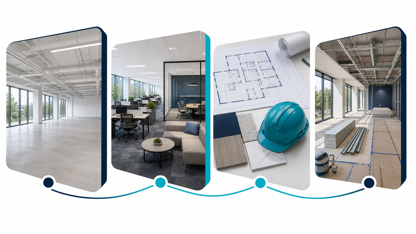 Illustrated commercial delivery paths for market-ready suites, tenant improvements, preconstruction and renovation.