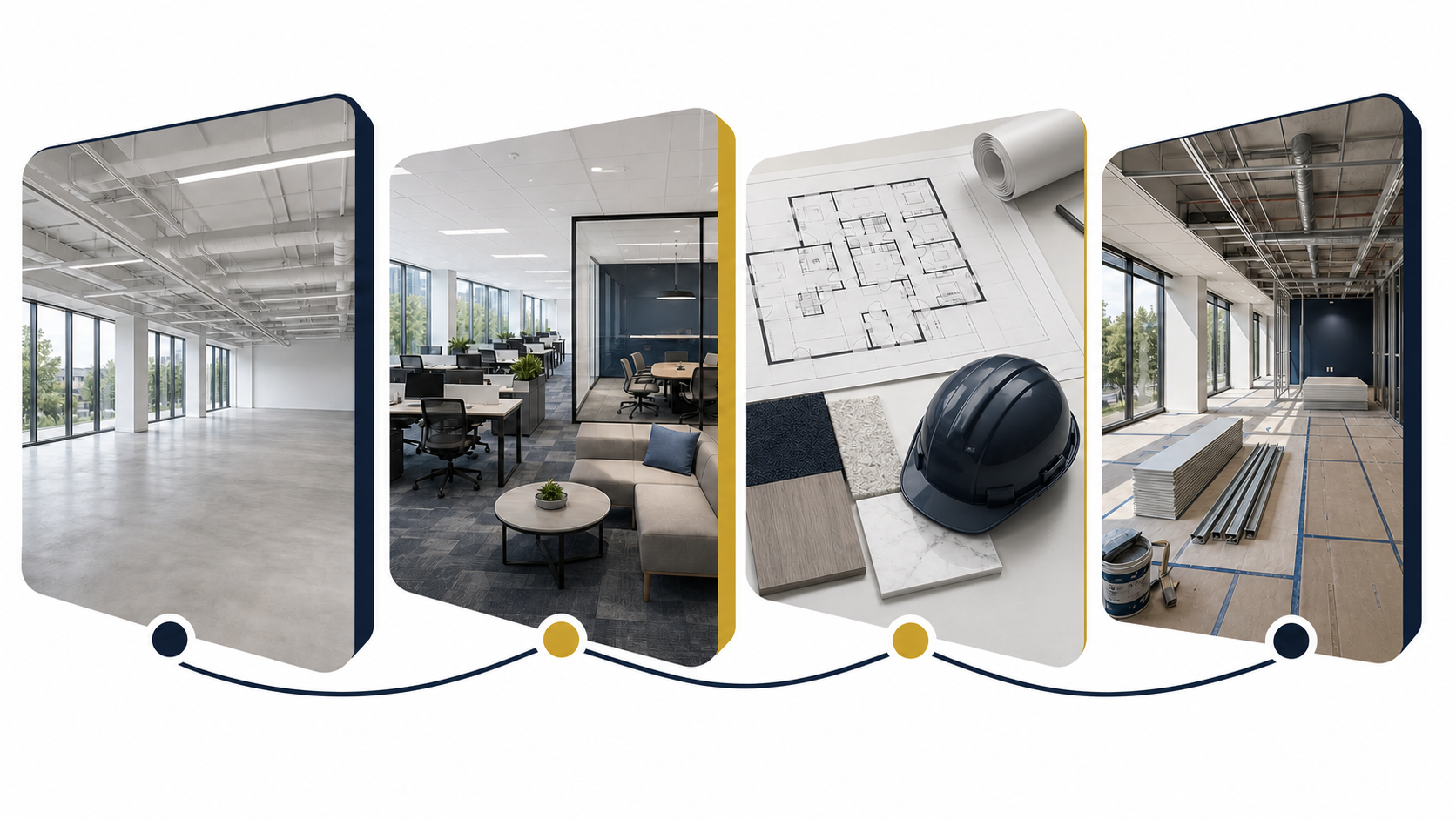 Illustrated commercial delivery paths for market-ready suites, tenant improvements, preconstruction and renovation.