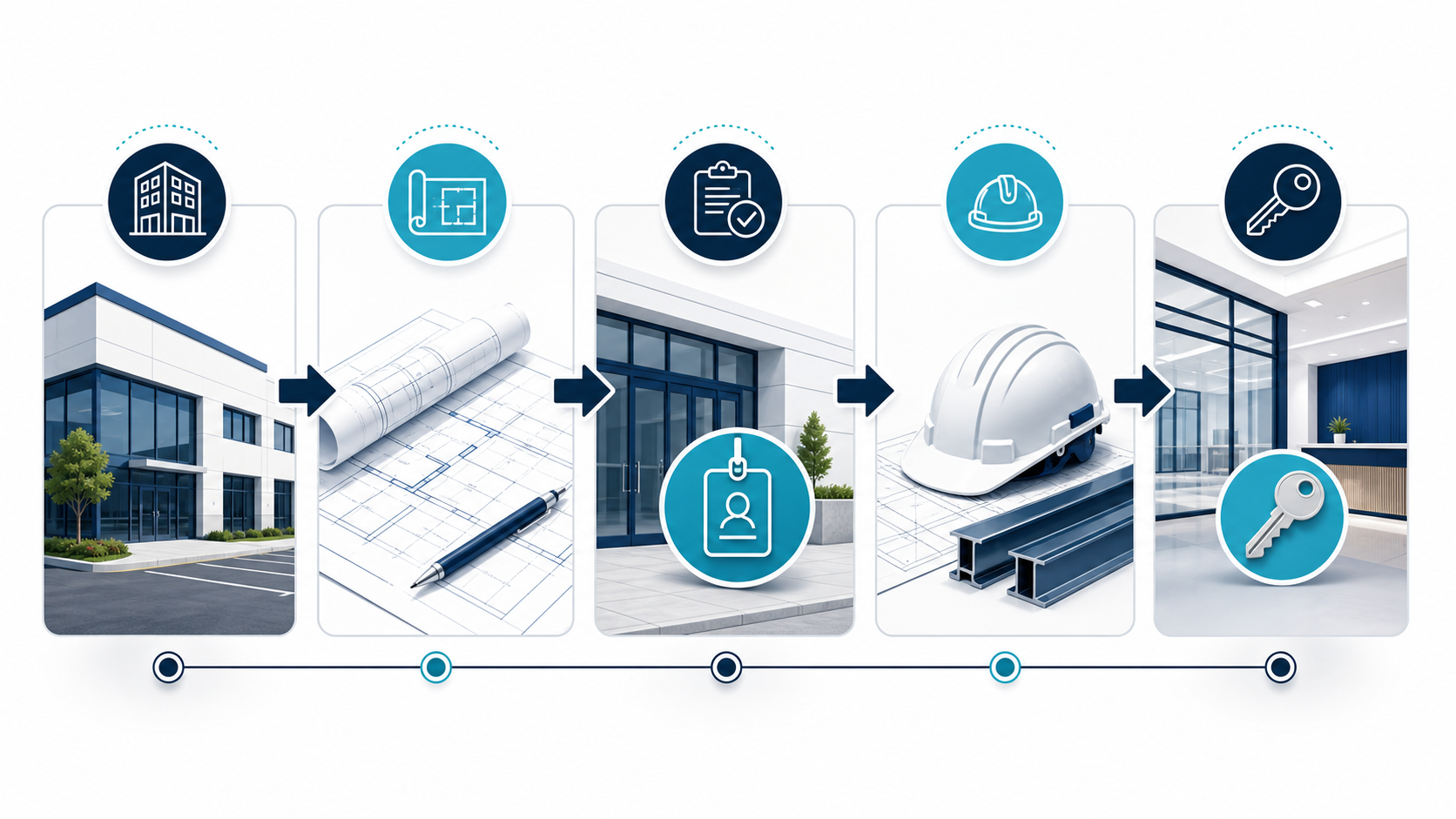 Illustrated commercial project-readiness process: property review, documents, access coordination, construction and turnover.