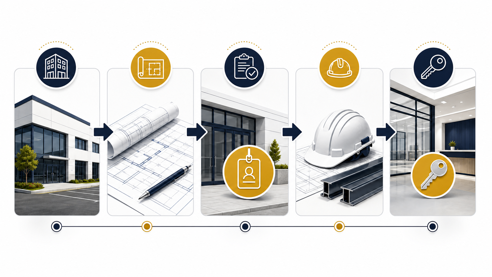 Illustrated commercial project-readiness process: property review, documents, access coordination, construction and turnover.