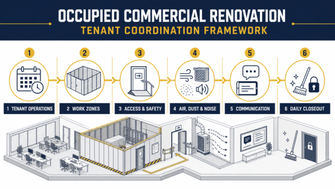 Occupied Commercial Renovation Tenant Coordination Framework Occupied commercial renovation coordination framework for tenant operations, work zones, access, air and noise controls, communication, and daily closeout