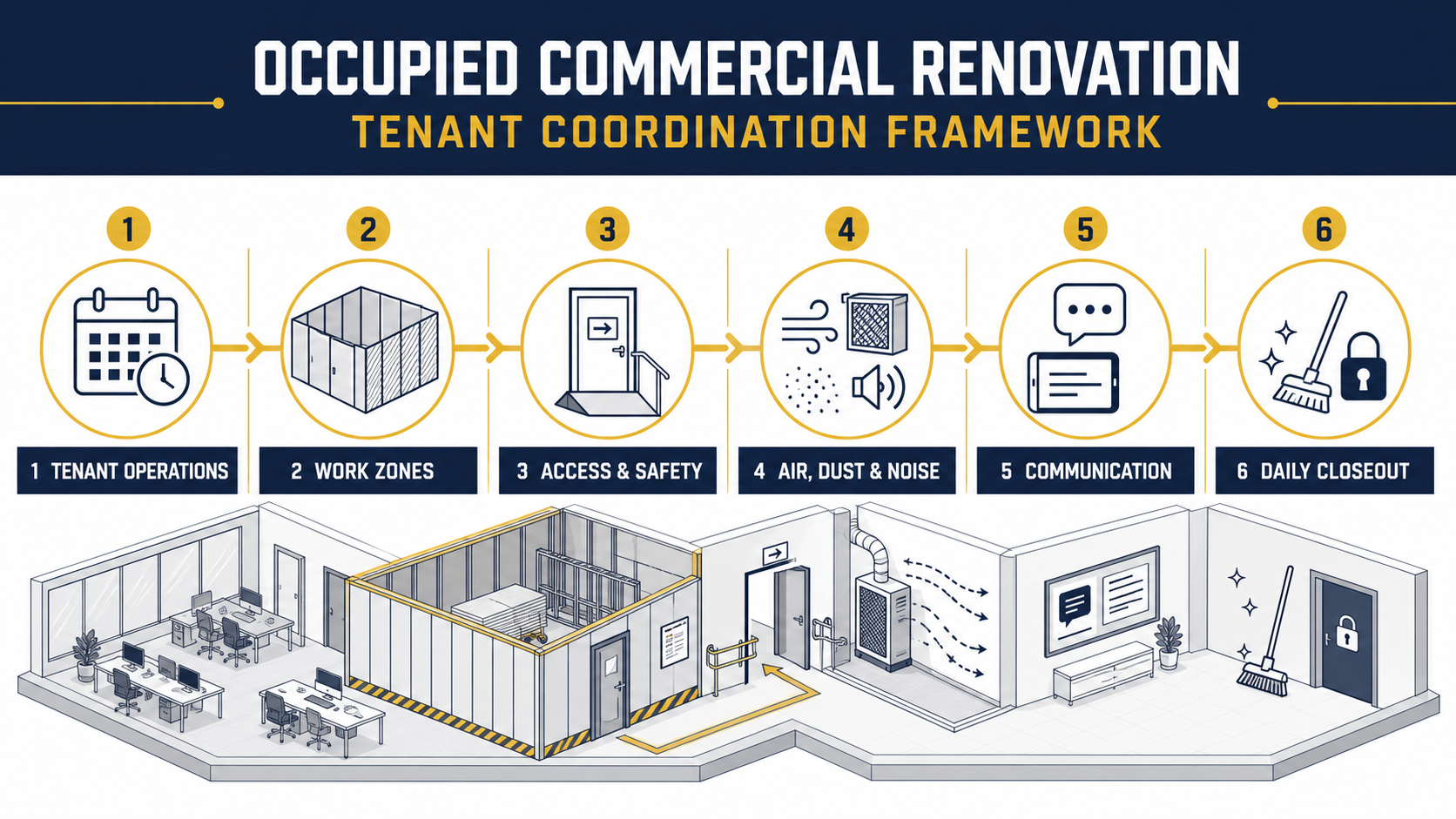 Occupied commercial renovation coordination framework for tenant operations, work zones, access, air and noise controls, communication, and daily closeout