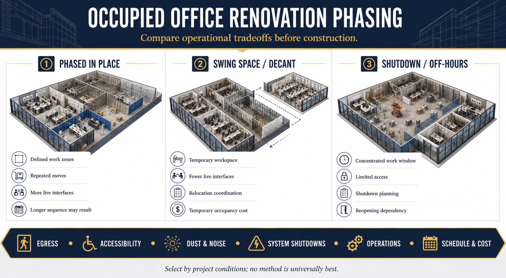 Occupied office renovation phasing comparison for phased-in-place, swing-space and shutdown or off-hours approaches