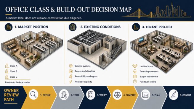 Office class and build-out decision map covering market position, existing conditions and tenant project planning