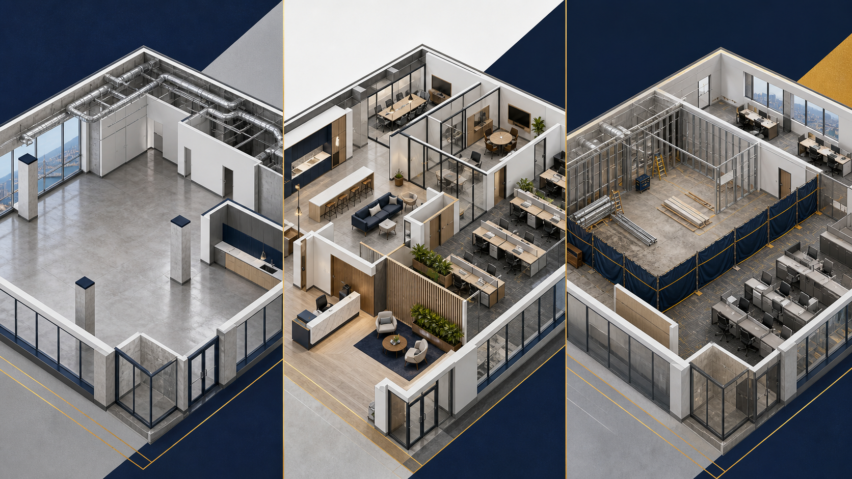 Illustrated office construction contexts for a market-ready suite, tenant-specific workplace and phased occupied-office improvement.
