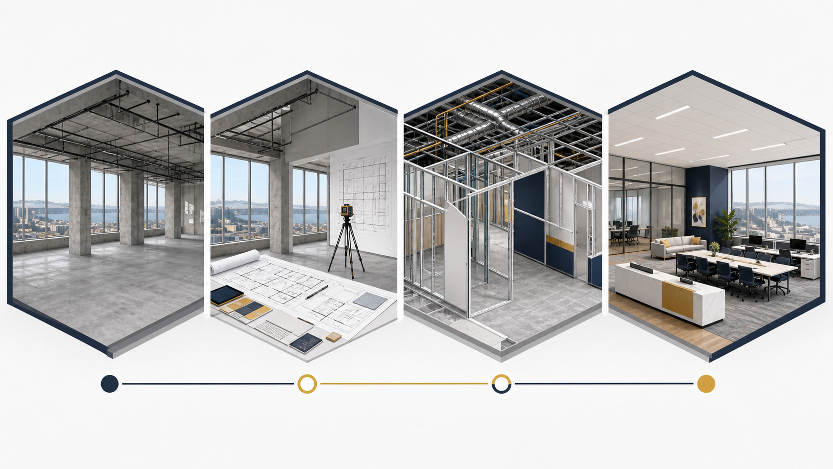 Illustrated commercial office construction path from existing space through preconstruction, coordinated building systems and finished workplace.