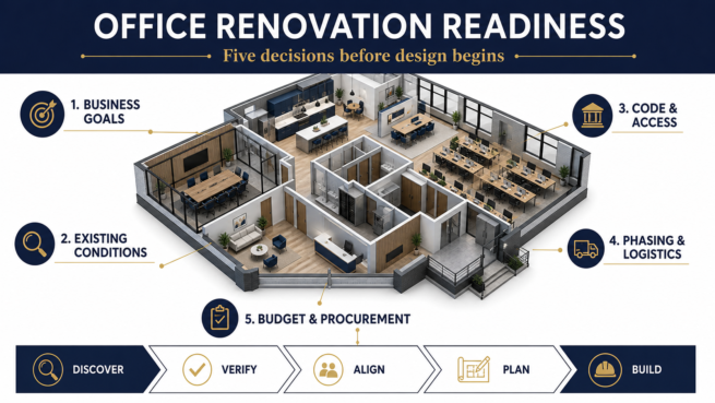 Five-decision office renovation readiness framework for commercial owners