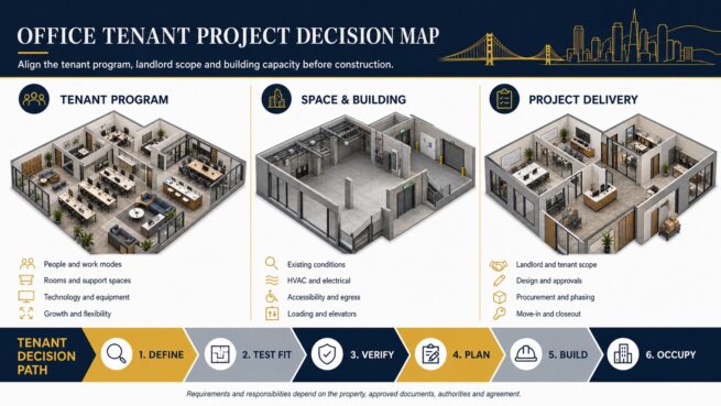 Office tenant project decision map covering the workplace program, building conditions and project delivery
