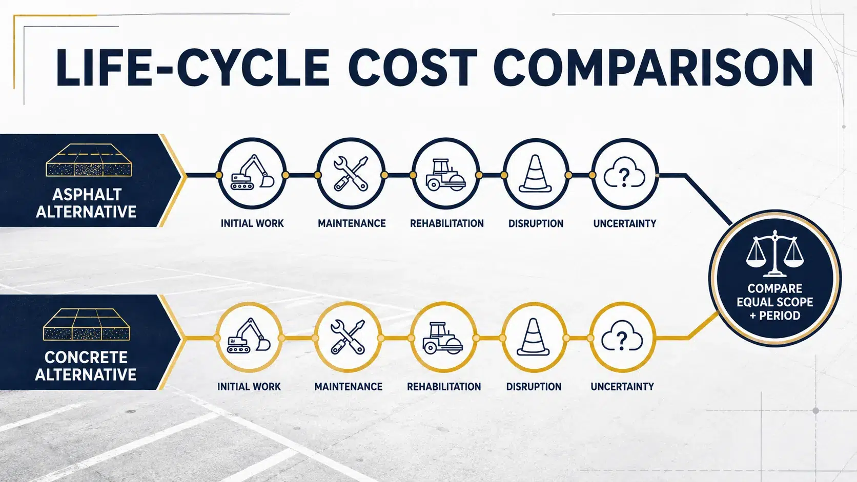 Parallel asphalt and concrete life-cycle cost paths comparing initial work, maintenance, rehabilitation, disruption and uncertainty over an equal scope and period