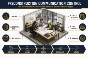 Preconstruction communication control framework covering owner roles, decision logs, RFI routing, cost and schedule, logistics and approvals