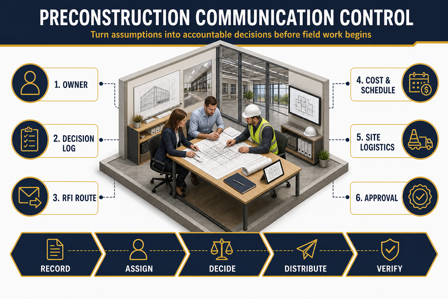 Preconstruction Communication Control Framework Preconstruction communication control framework covering owner roles, decision logs, RFI routing, cost and schedule, logistics and approvals