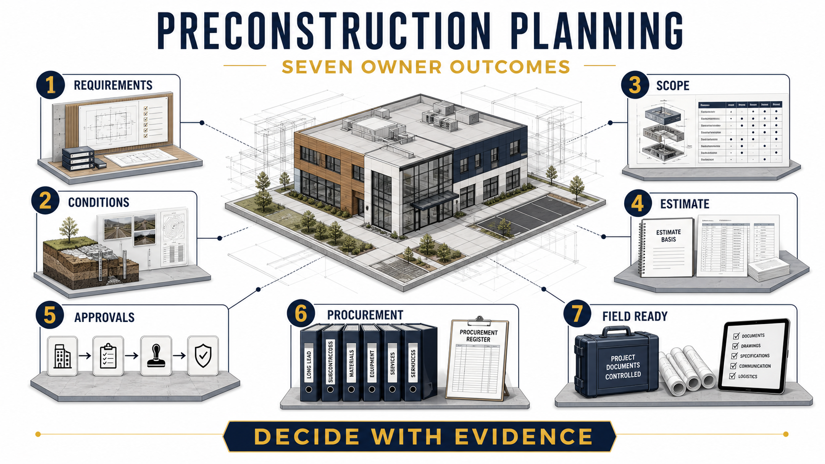 Seven preconstruction planning outcomes covering requirements, conditions, scope, estimate, approvals, procurement and field readiness