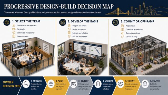 Progressive design-build decision map from team selection through scope development and construction commitment