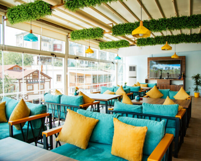 yellow and turquoise restaurant design