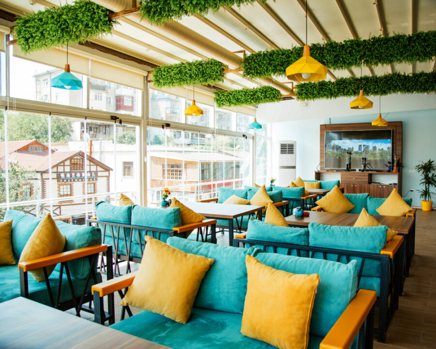 yellow and turquoise restaurant design