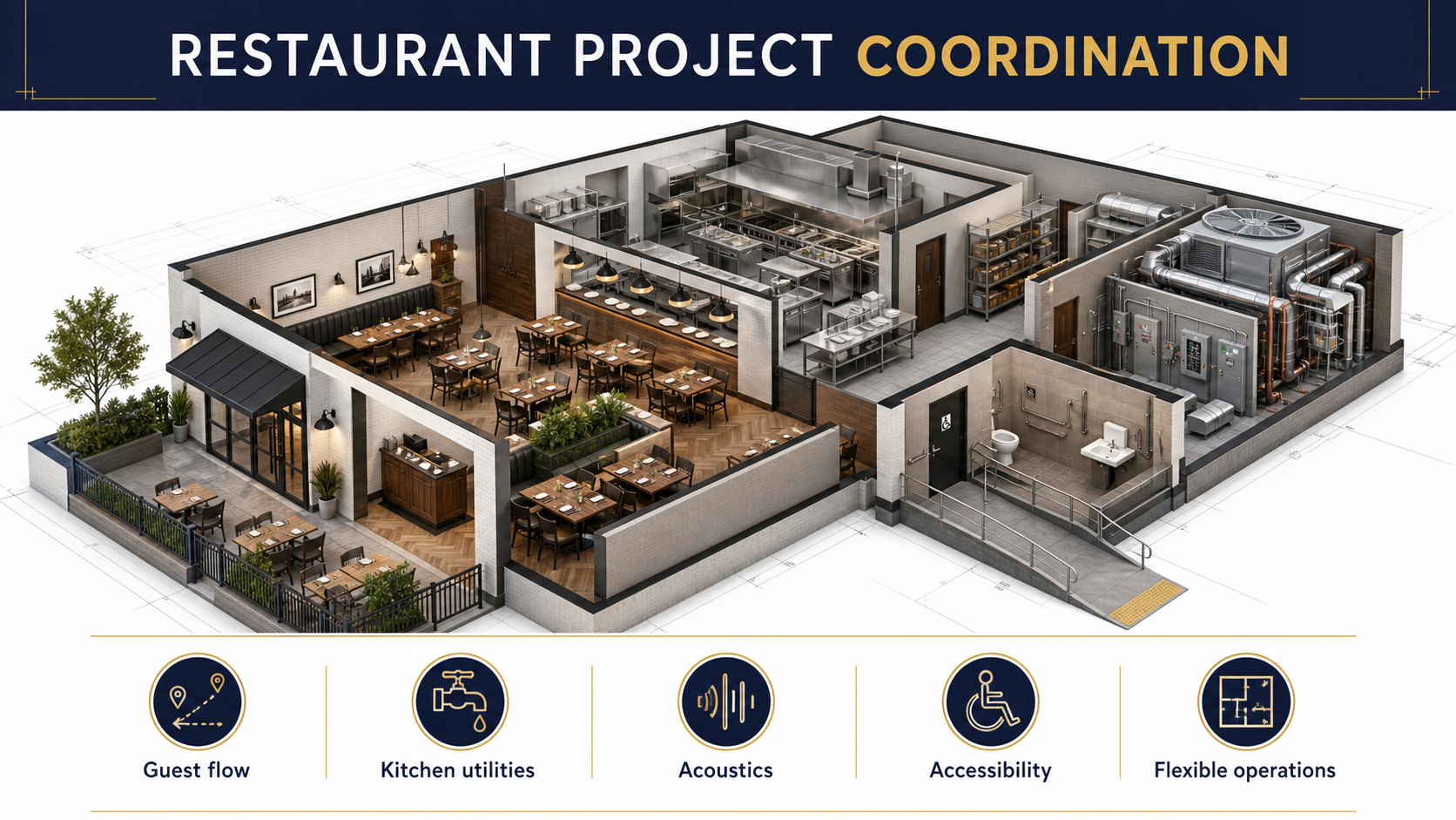 Restaurant project coordination framework covering guest flow, kitchen utilities, acoustics, accessibility and flexible operations