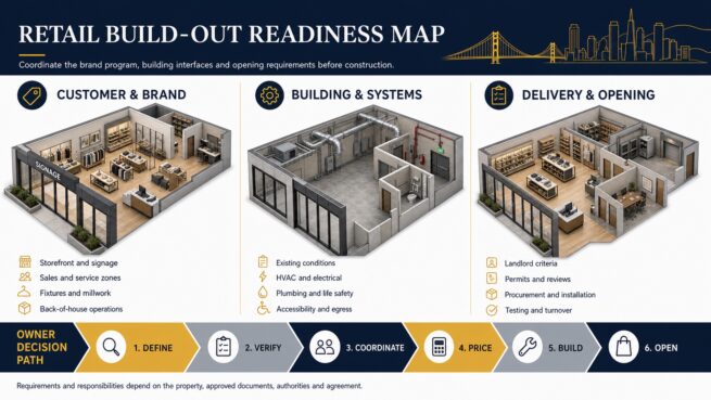 Retail build-out readiness map covering customer and brand needs, building systems, delivery and opening coordination